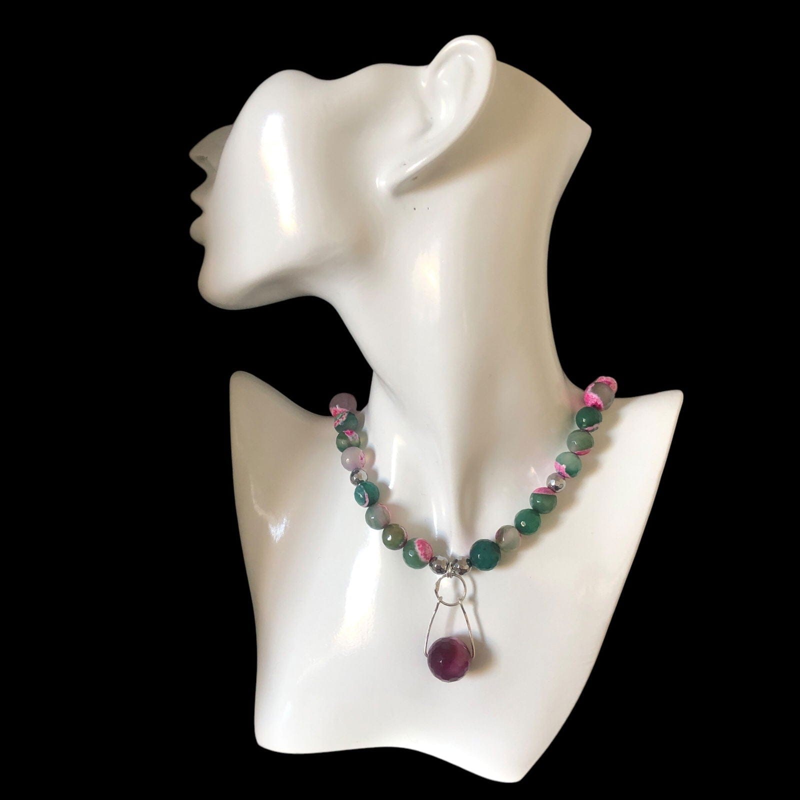 Pink and Green Agate & 925 Silver Beaded Necklace Silver Chamber Jewellery Store