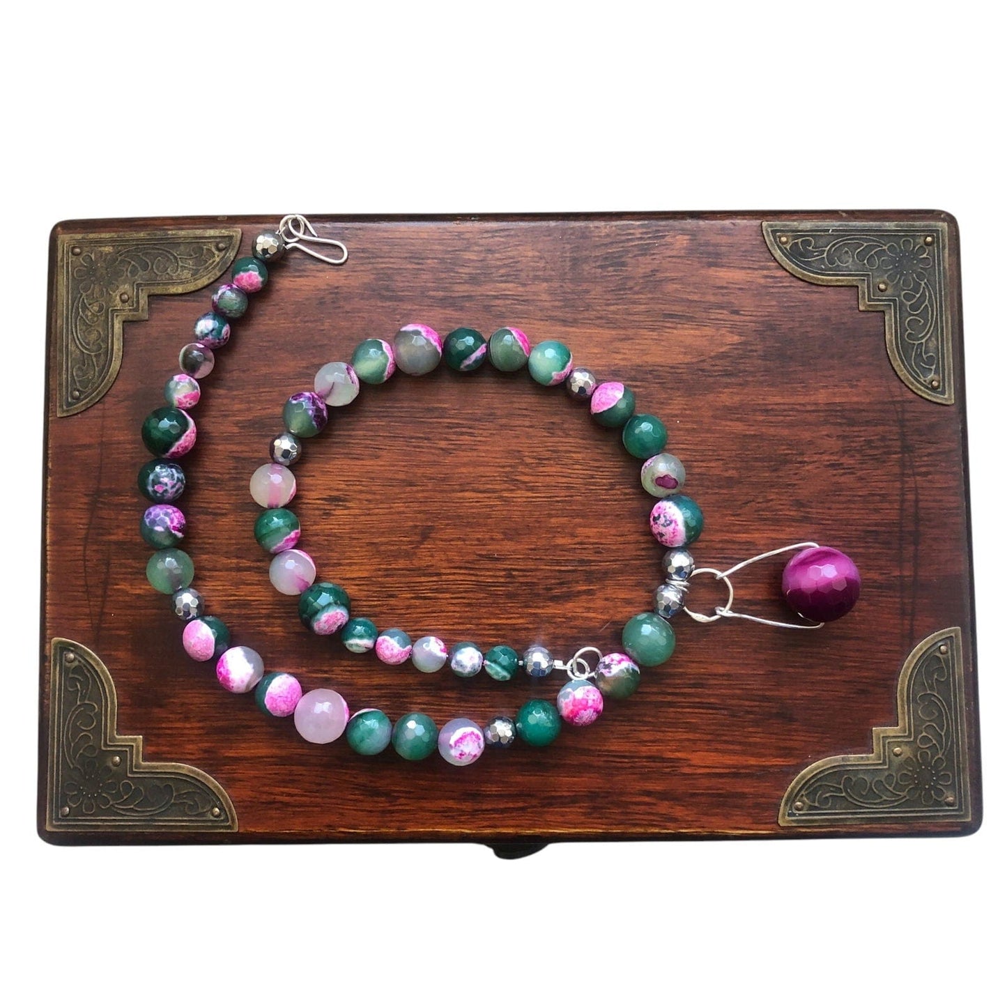 Pink and Green Agate & 925 Silver Beaded Necklace Silver Chamber Jewellery Store