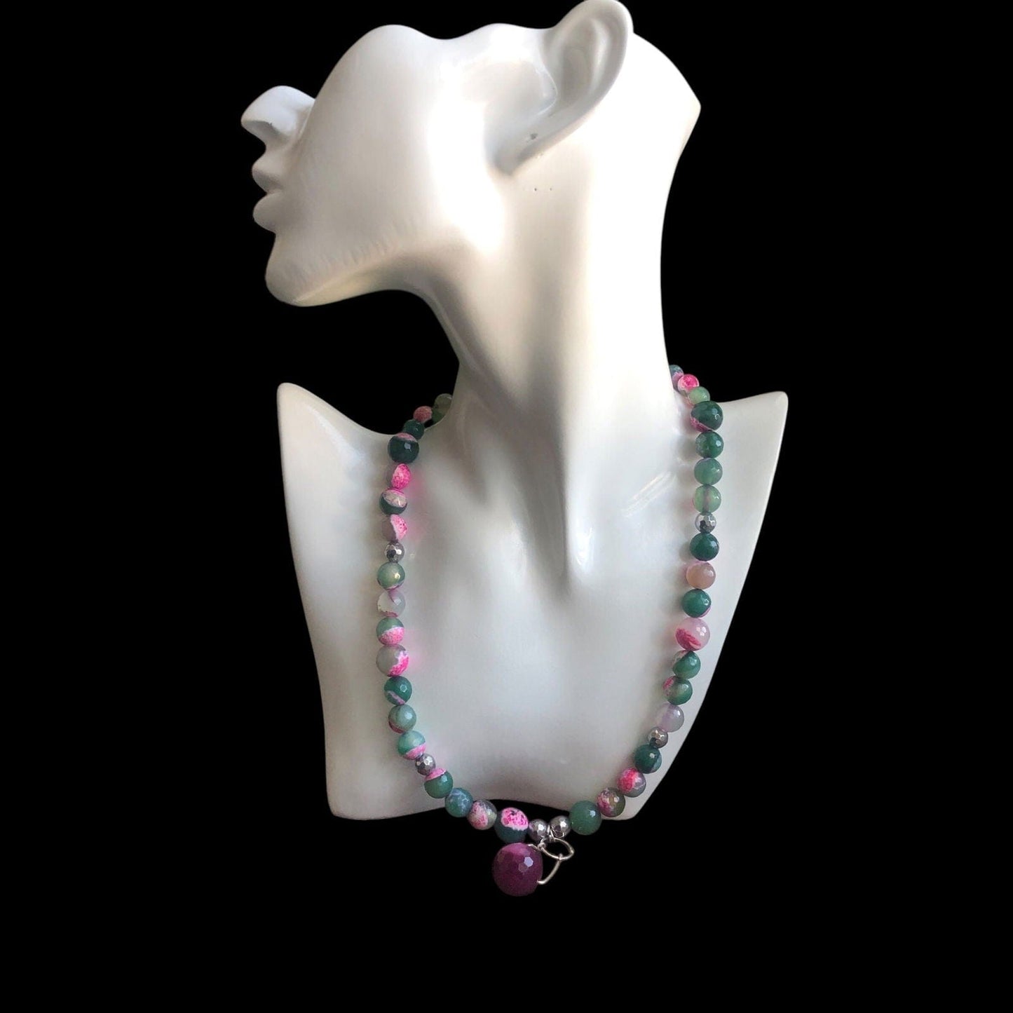 Pink and Green Agate & 925 Silver Beaded Necklace Silver Chamber Jewellery Store