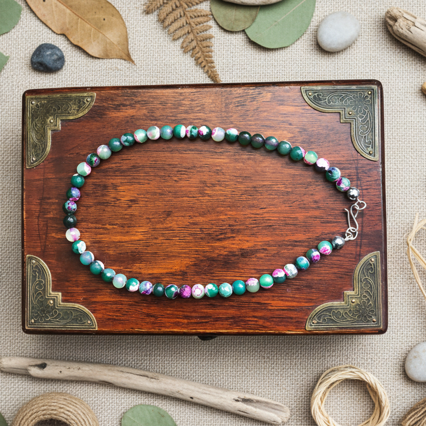 Pink and Green Agate & 925 Silver Beaded Necklace
