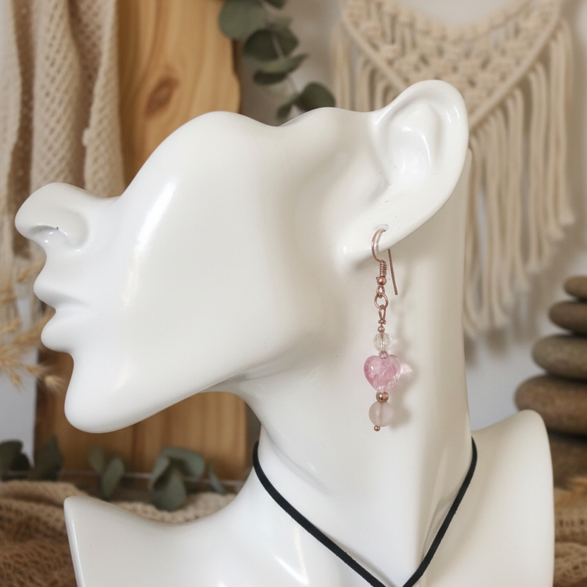 Pink Glass Hearts Rose Gold Earrings