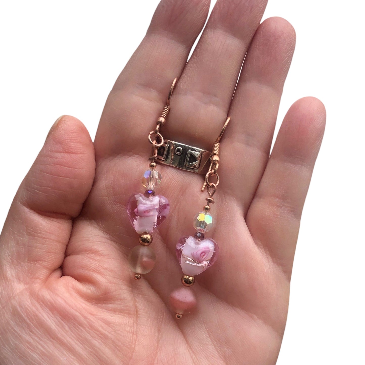 Pink Glass Hearts Rose Gold Earrings Silver Chamber Jewellery Store