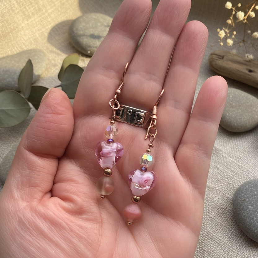 Pink Glass Hearts Rose Gold Earrings