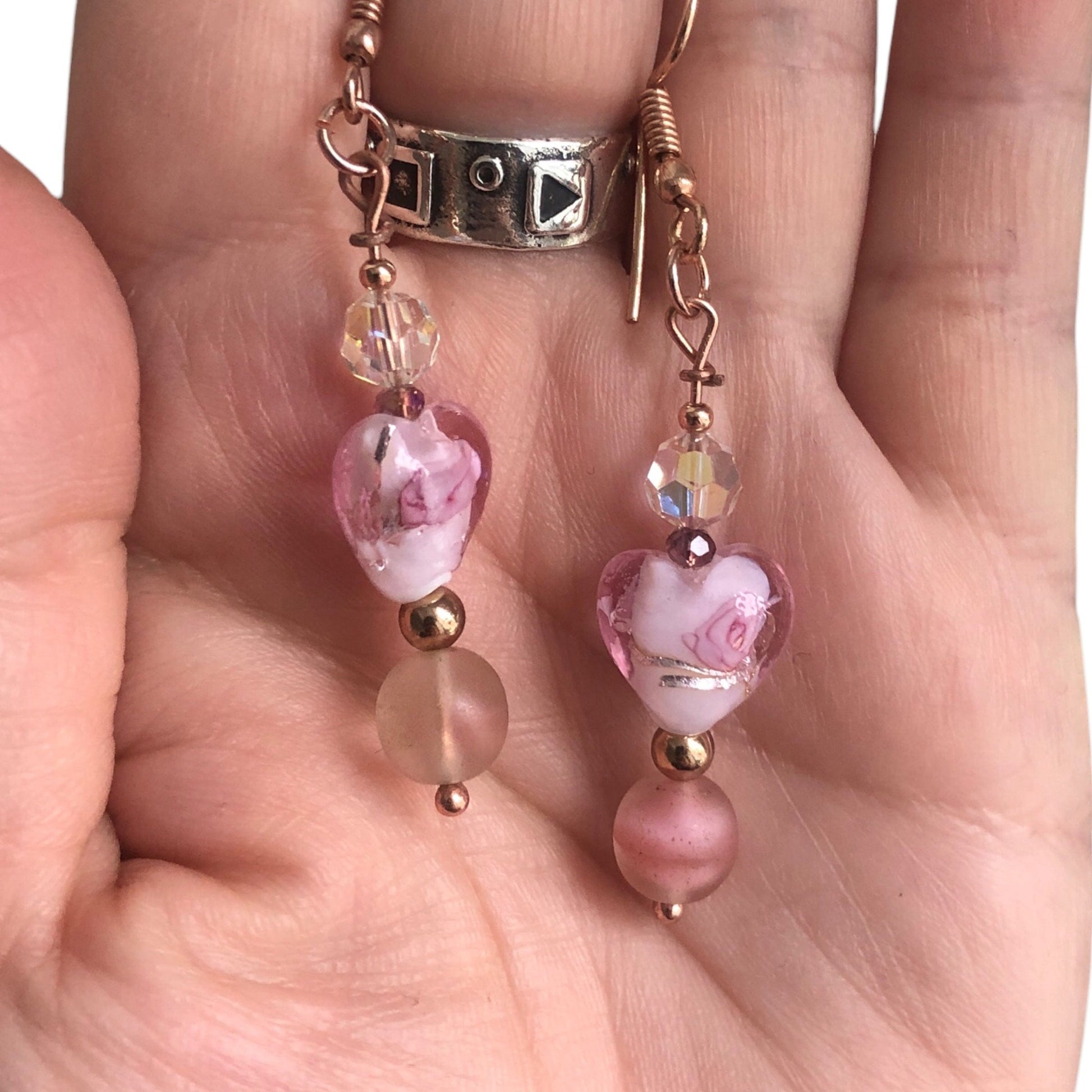 Pink Glass Hearts Rose Gold Earrings Silver Chamber Jewellery Store