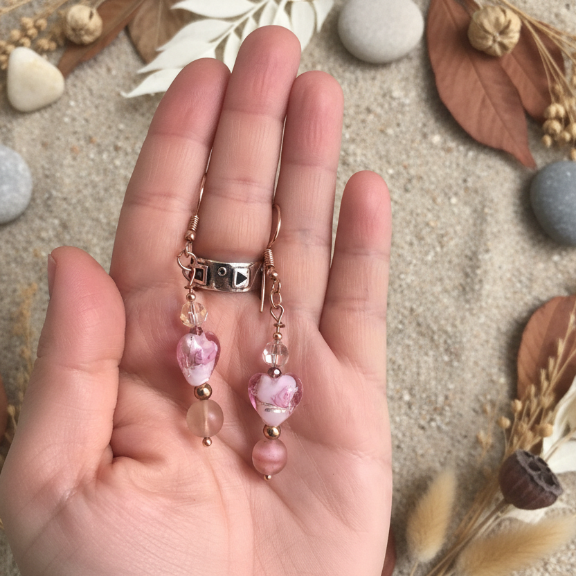 Pink Glass Hearts Rose Gold Earrings