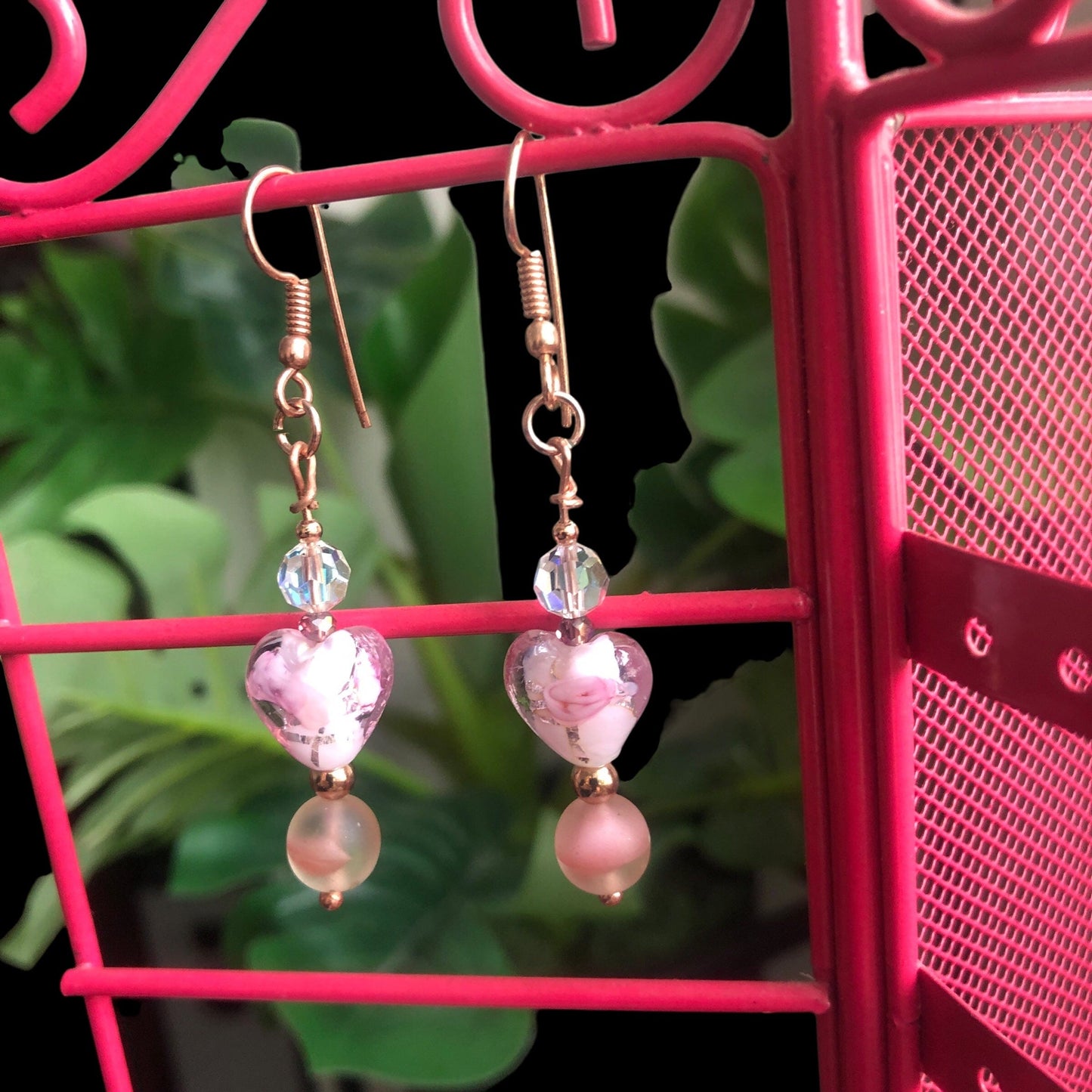 Pink Glass Hearts Rose Gold Earrings Silver Chamber Jewellery Store