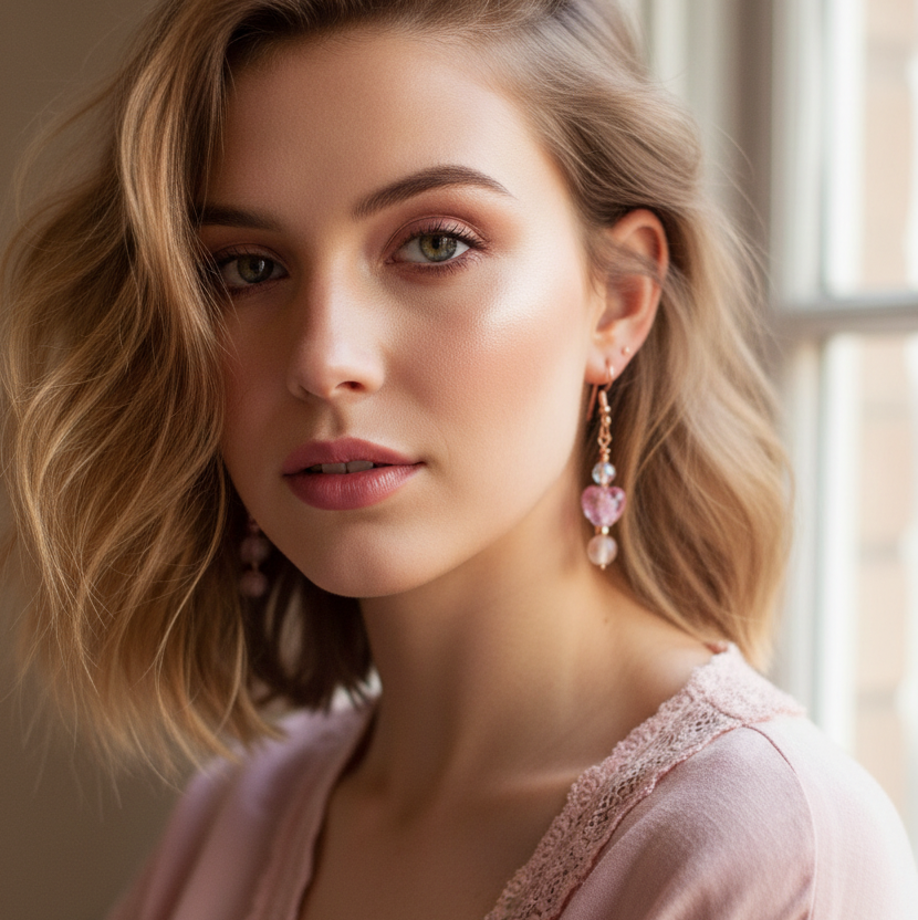 Pink Glass Hearts Rose Gold Earrings