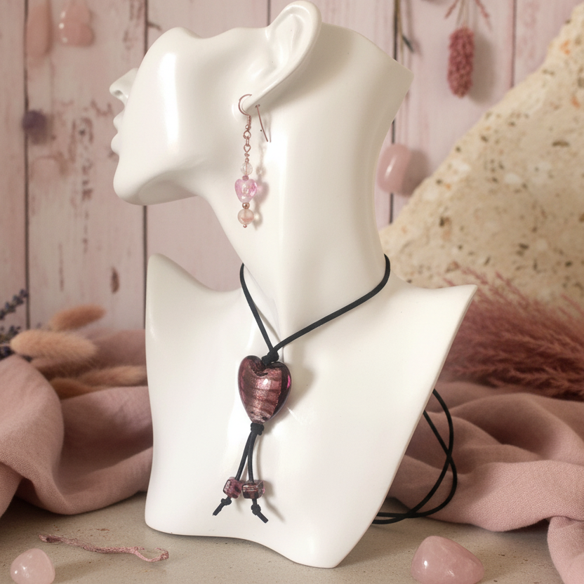 Pink Glass Hearts Rose Gold Earrings - Handmade, One-of-A-Kind - Silver Chamber Jewellery Store