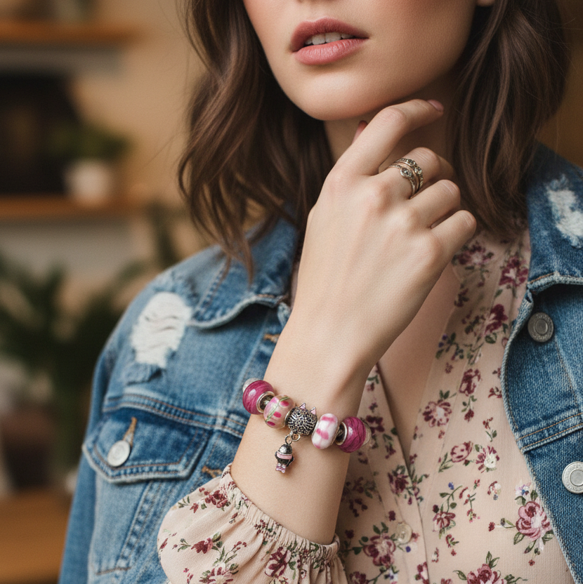Pink Lampwork Charm Bracelet