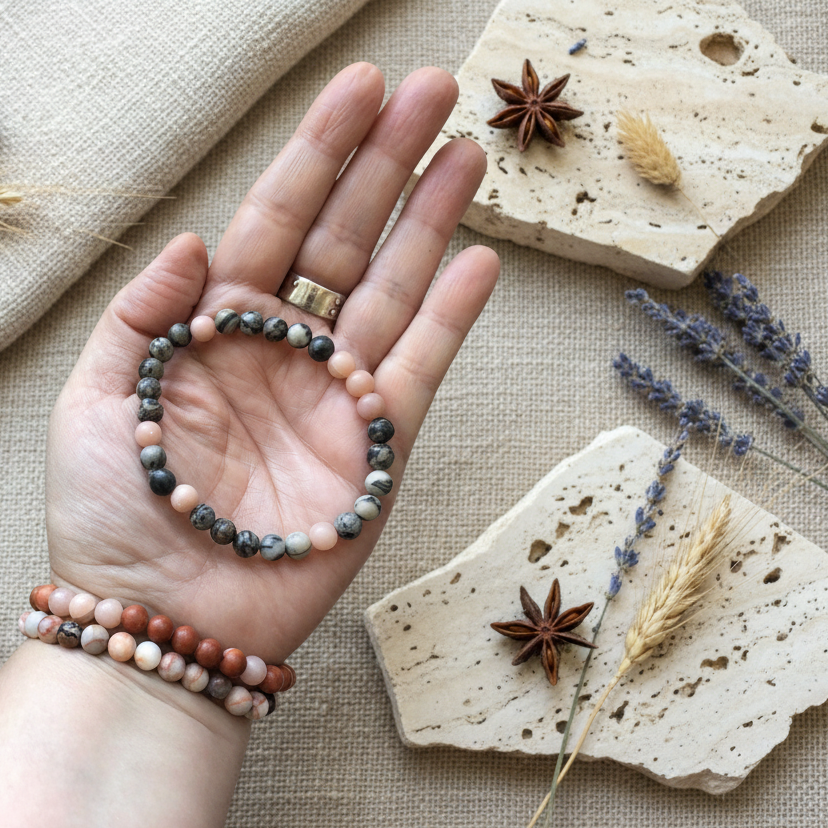 Pink Opal and Picasso Jasper Beaded Bracelet