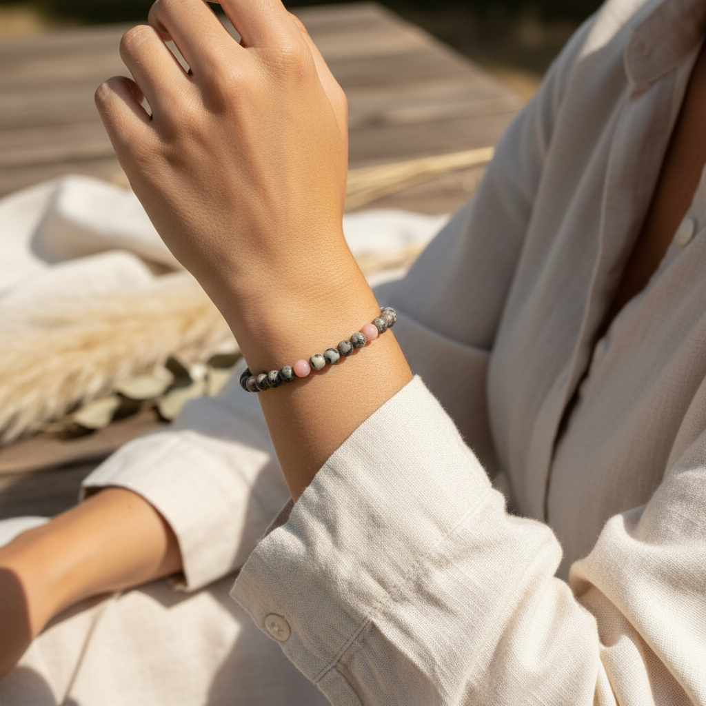 Pink opal and Picasso jasper beaded bracelet.