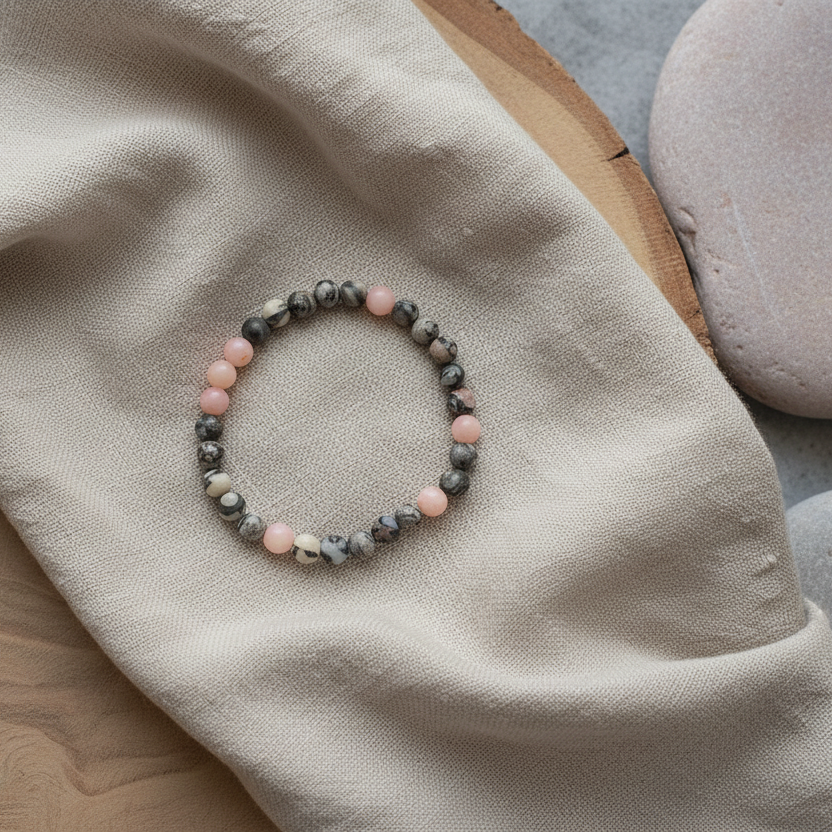 Pink opal and Picasso jasper beaded bracelet.
