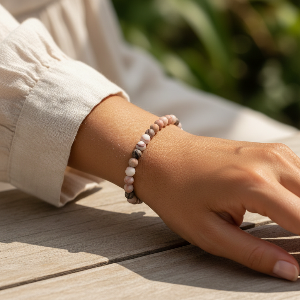 Pink stripe and leopard skin jasper beaded bracelet