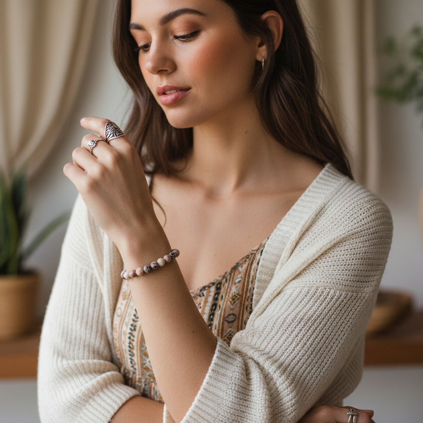 Pink Stripe and Leopard Skin Jasper Beaded Bracelet