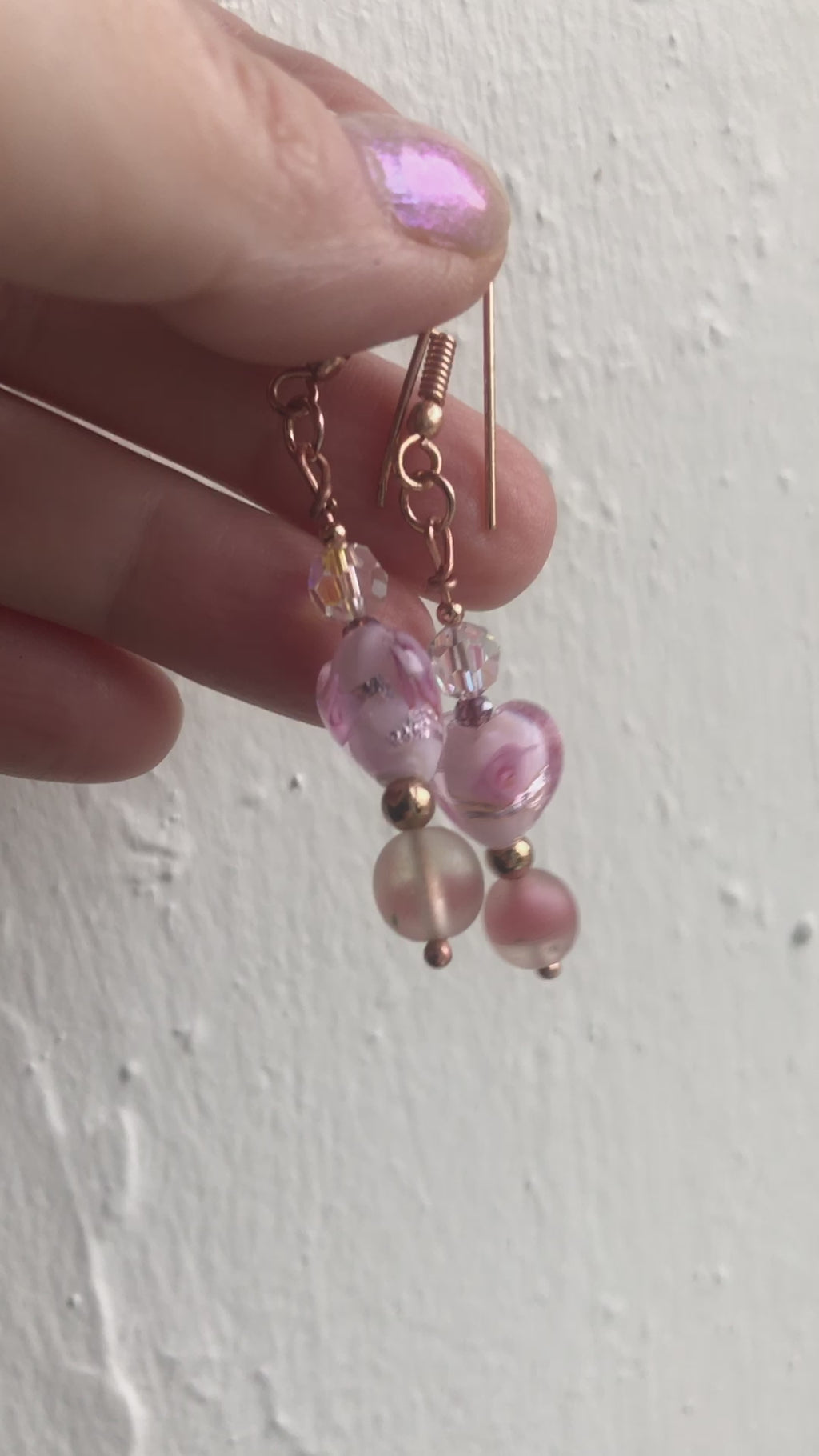 Pink Glass Hearts Rose Gold Earrings
