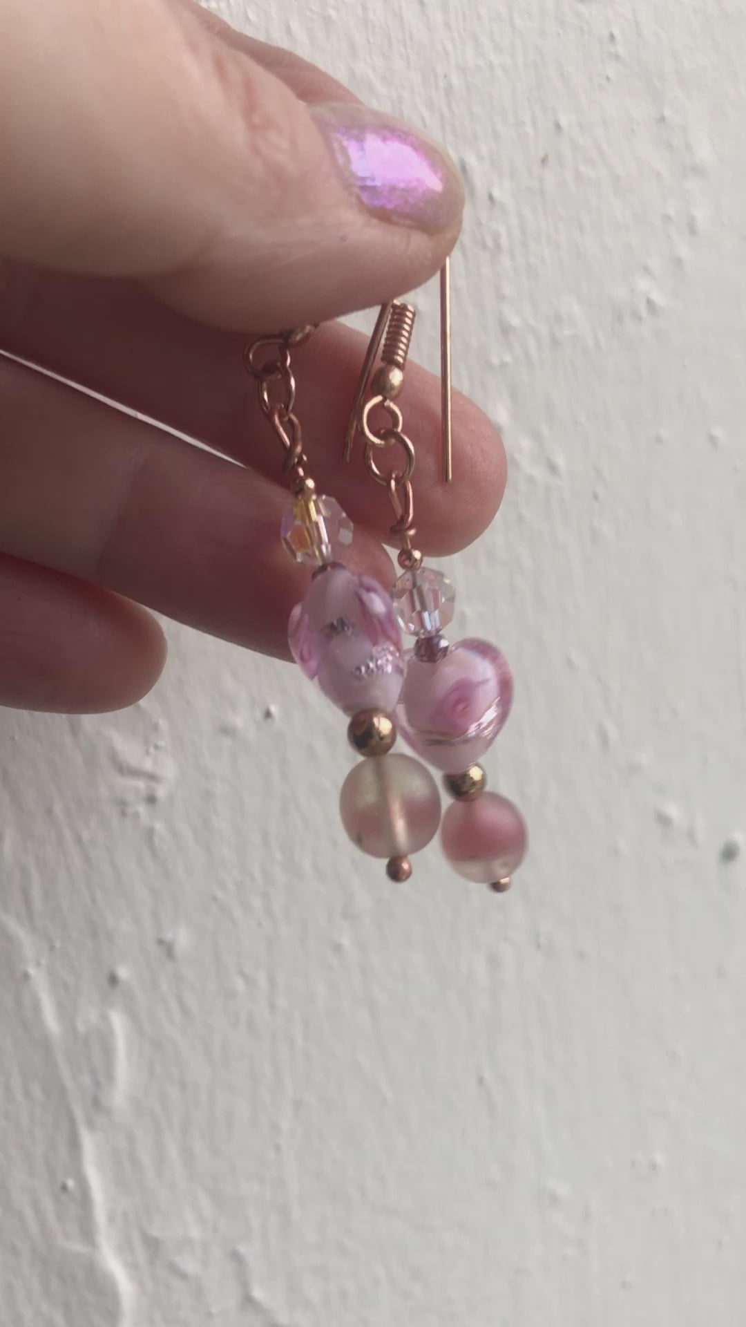 Pink Glass Hearts Rose Gold Earrings