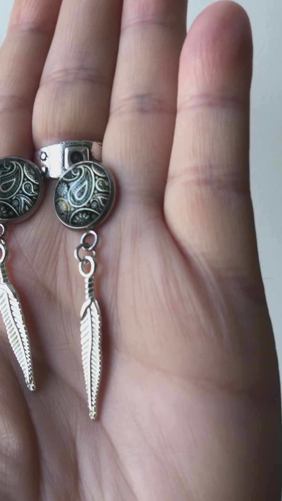 Paisley and Feathers Silver plated Stud Earrings - Gray