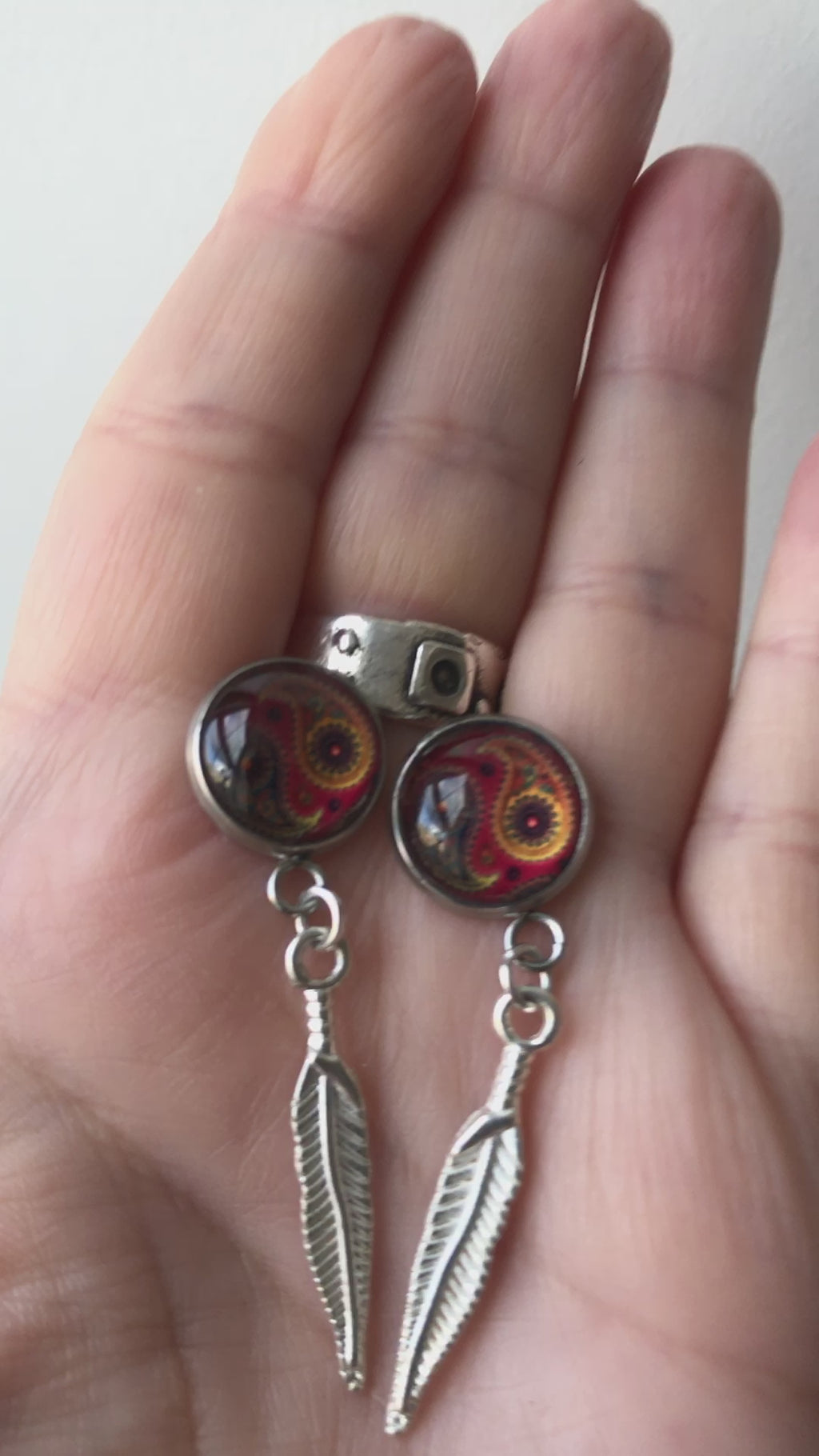 Paisley and Feathers Silver plated Stud Earrings - Red