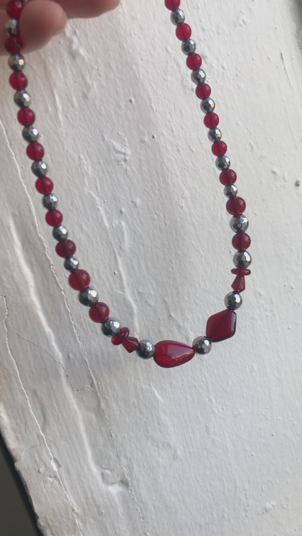 Red Glass and Hematite Beaded Necklace