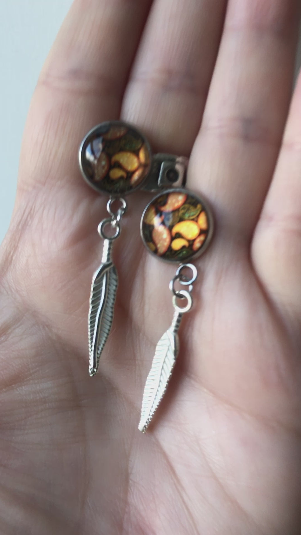 Paisley and Feathers Silver plated Stud Earrings - Orange