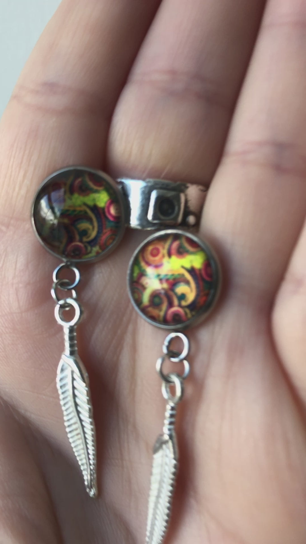 Paisley and Feathers Silver plated Stud Earrings - Multi-coloured