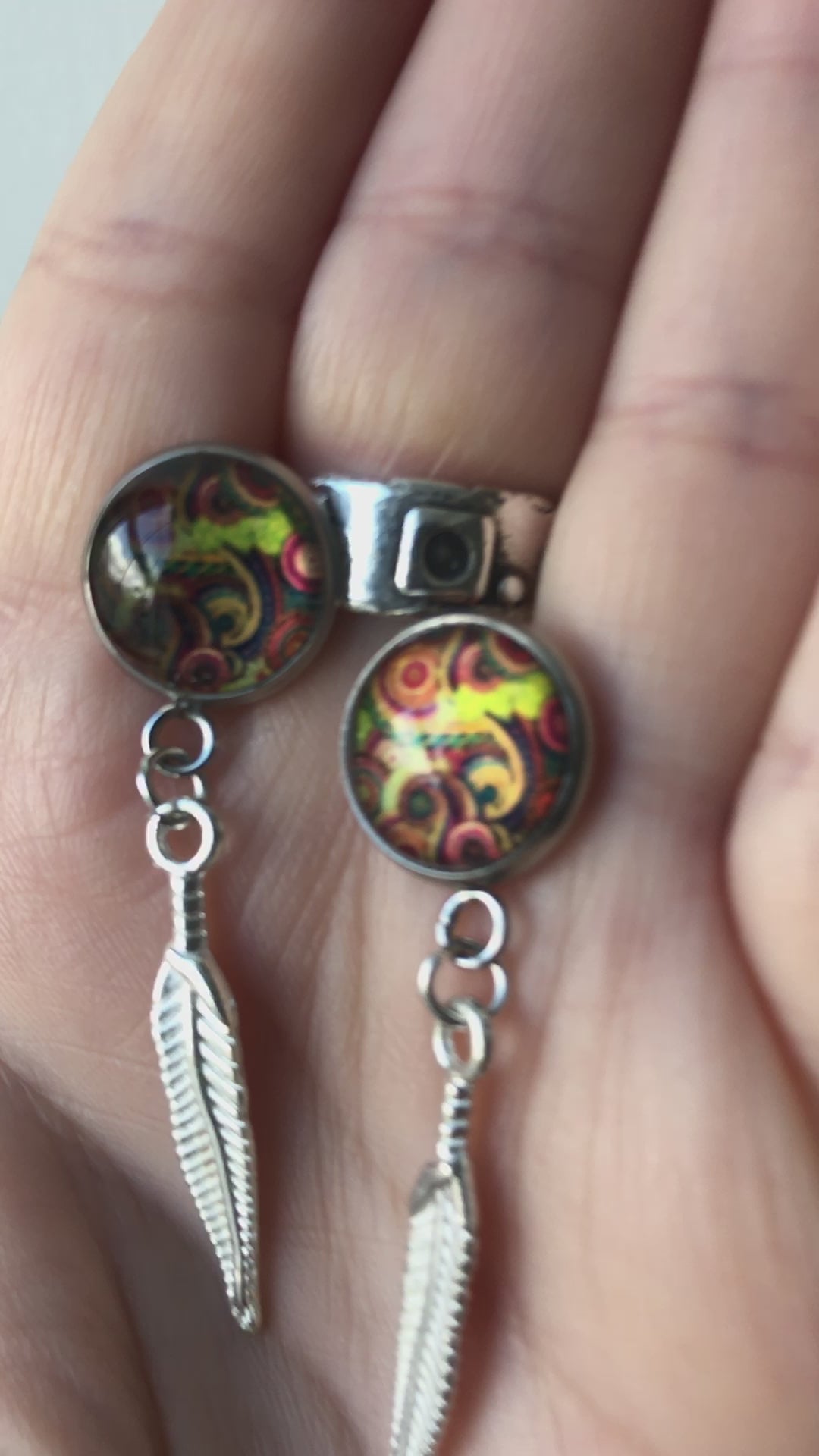 Paisley and Feathers Silver plated Stud Earrings - Multi-coloured