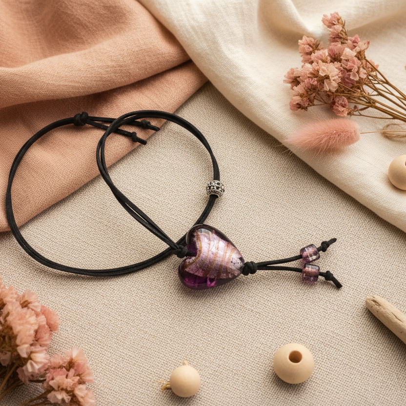 Purple Glass Heart Pendant Necklace