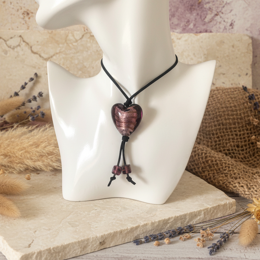 Purple Glass Heart Pendant Necklace - Handmade, One-of-A-Kind - Silver Chamber Jewellery Store