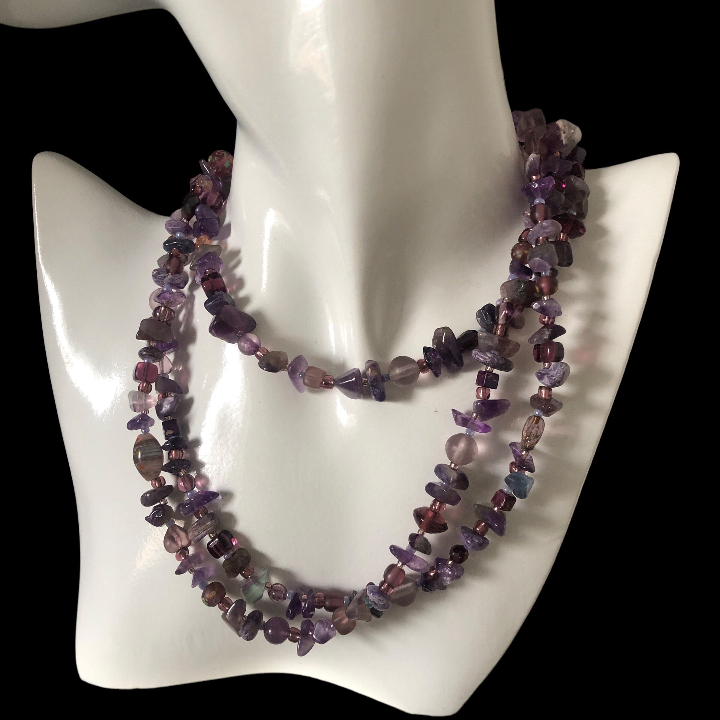 Purple Stones and Glass Beaded Long Necklace Silver Chamber Jewellery Store