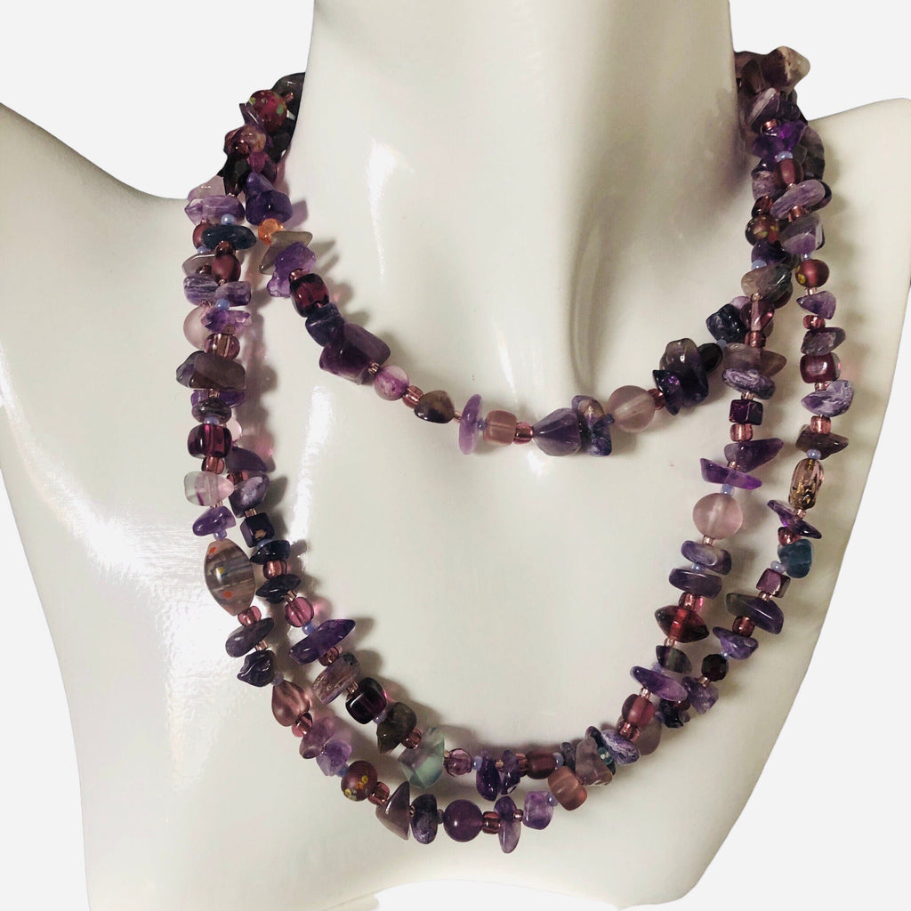 Purple Stones and Glass Beaded Long Necklace Silver Chamber Jewellery Store