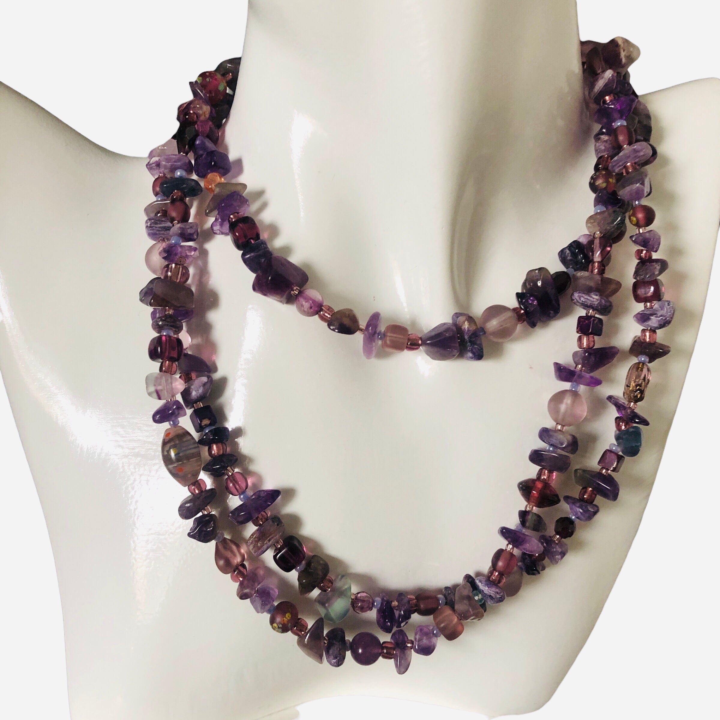 Purple Stones and Glass Beaded Long Necklace Silver Chamber Jewellery Store