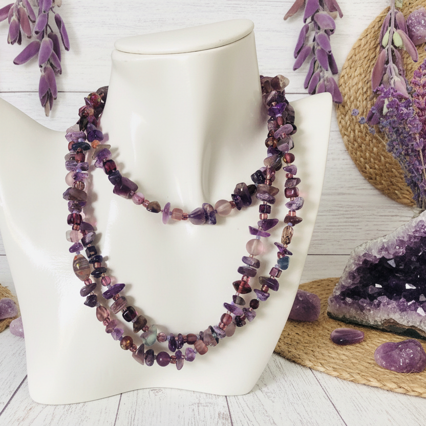 Purple Stones and Glass Beaded Long Necklace - Silver Chamber Jewellery Store