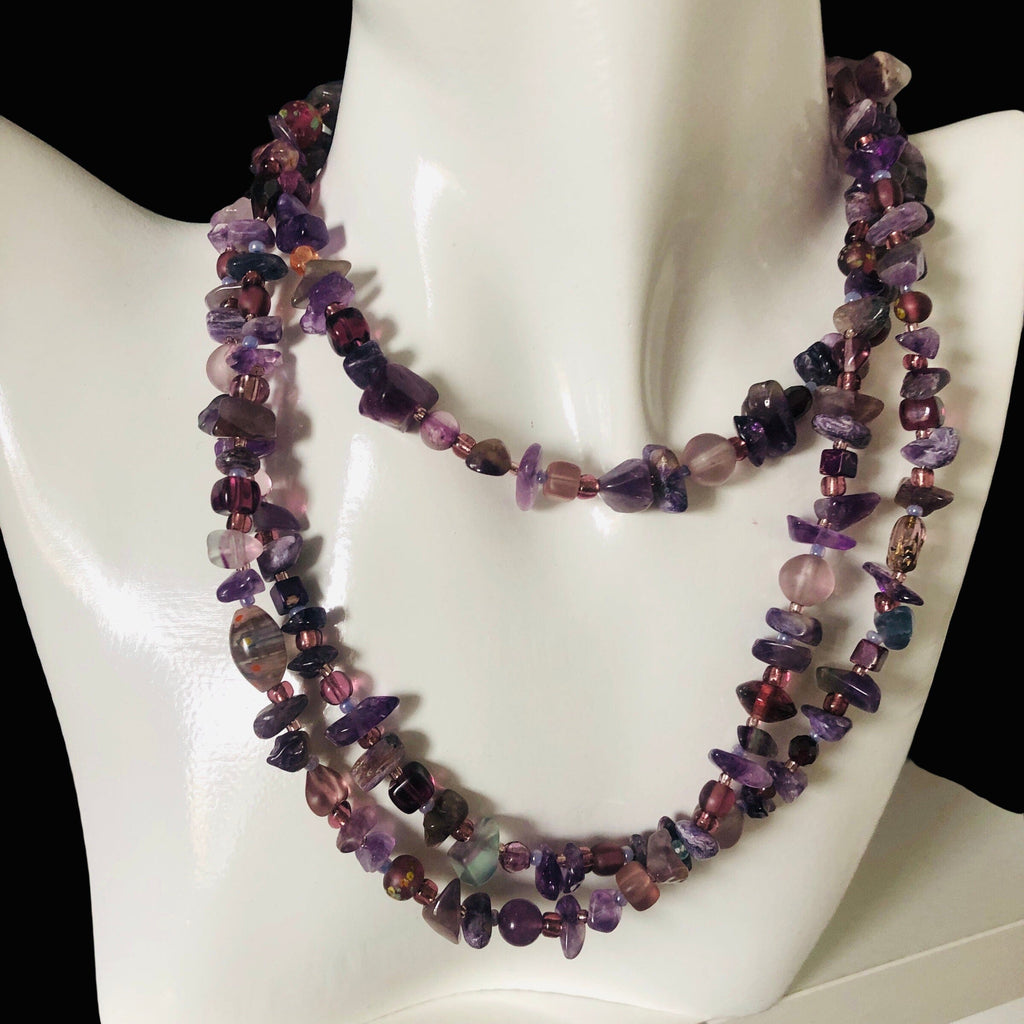 Purple Stones and Glass Beaded Long Necklace Silver Chamber Jewellery Store