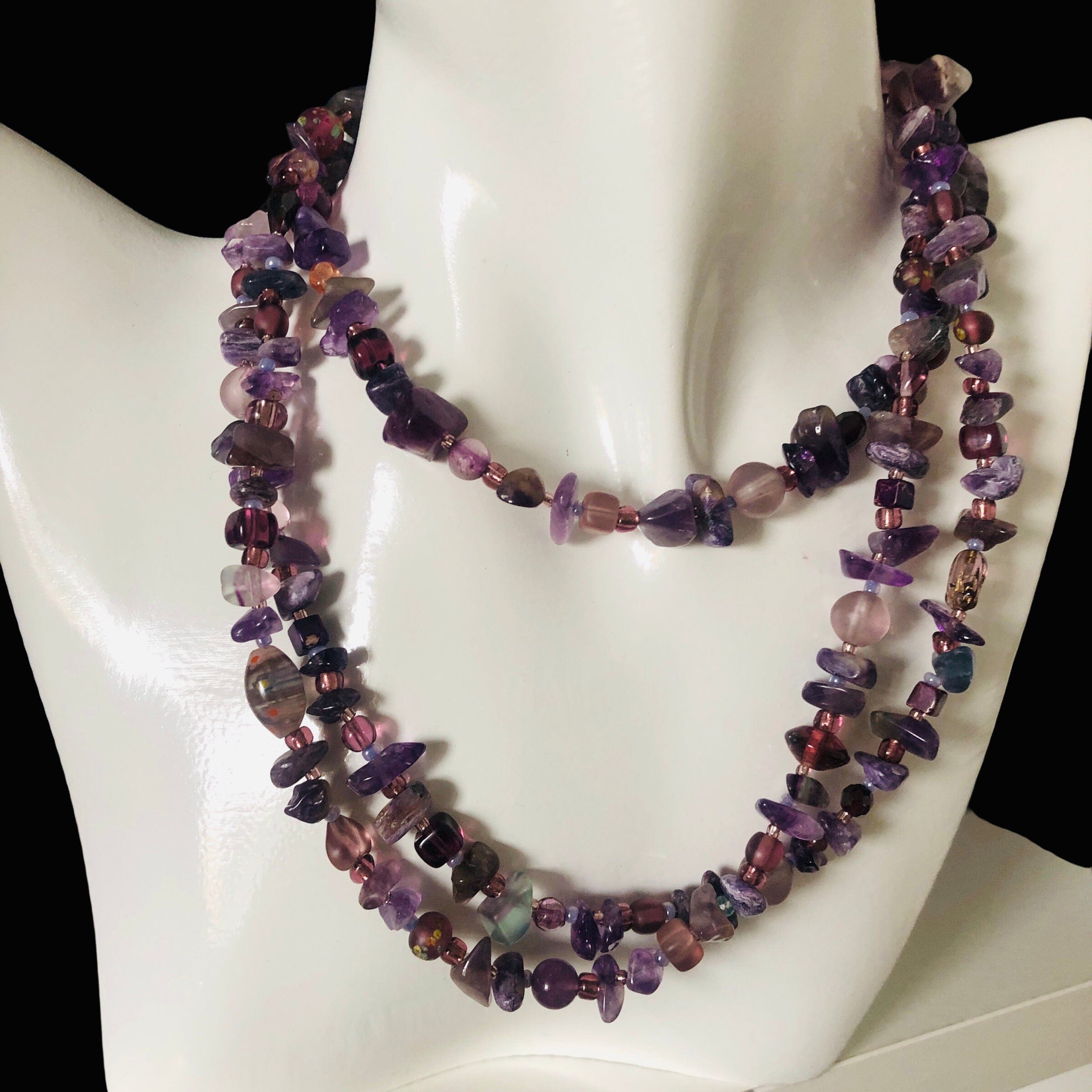 Purple Stones and Glass Beaded Long Necklace Silver Chamber Jewellery Store