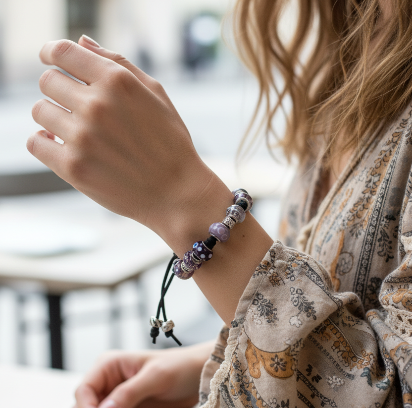 A purple glass charm bracelet with various beads and charms, including a purple heart-shaped Czech glass bead, and silver metal accents, strung on a black suede strap.