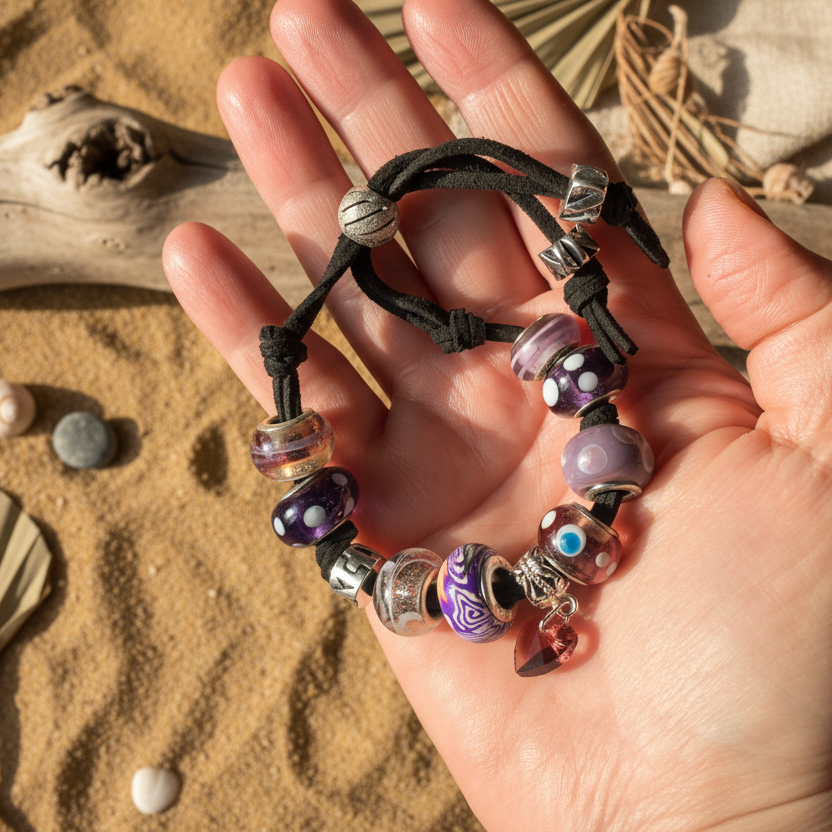 Purple Glass Charm Bracelet - Handmade, One-of-A-Kind