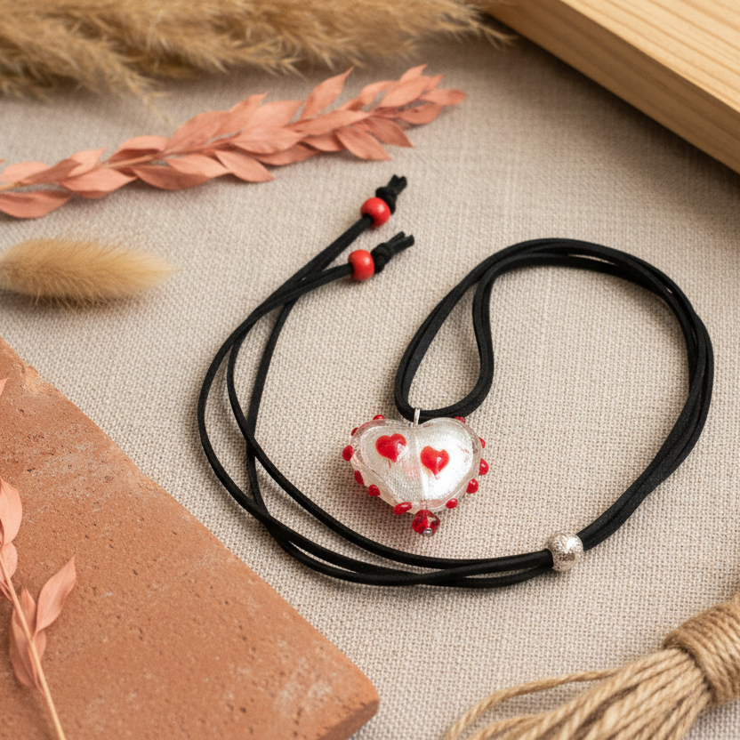 Red and White Glass Heart Pendant Necklace