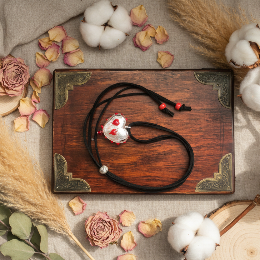Red and White Glass Heart Pendant Necklace - Handmade, One-of-A-Kind - Silver Chamber Jewellery Store