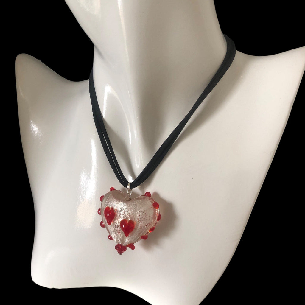 Red and White Glass Heart Pendant Necklace Silver Chamber Jewellery Store