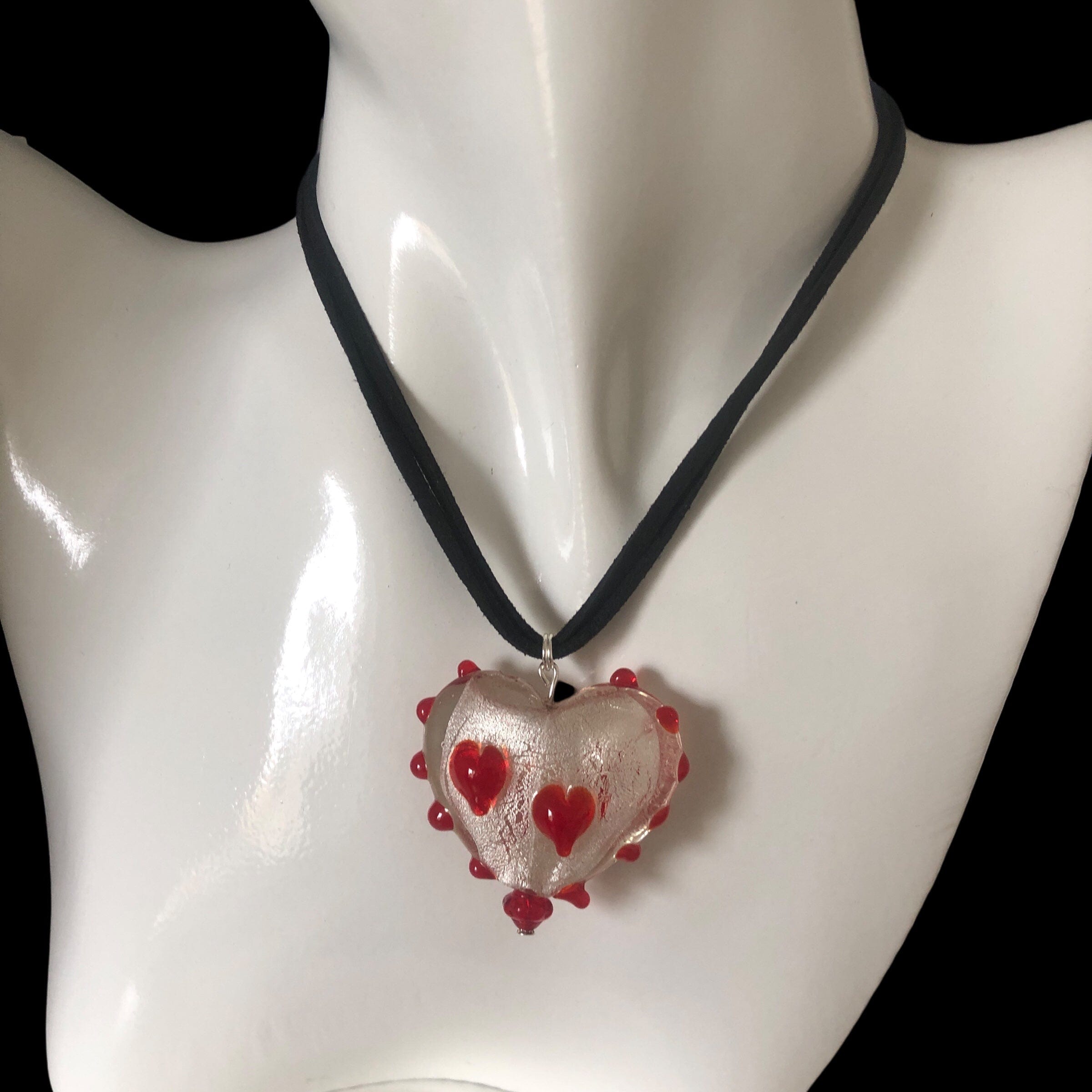 Red and White Glass Heart Pendant Necklace Silver Chamber Jewellery Store