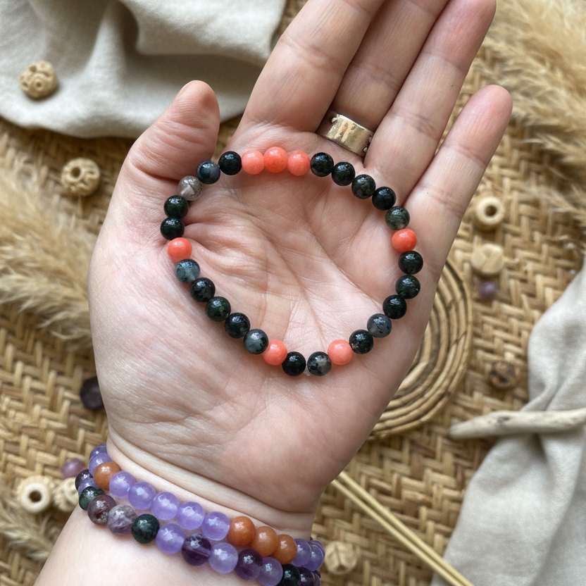 Red Jade and Moss Agate Beaded Bracelet