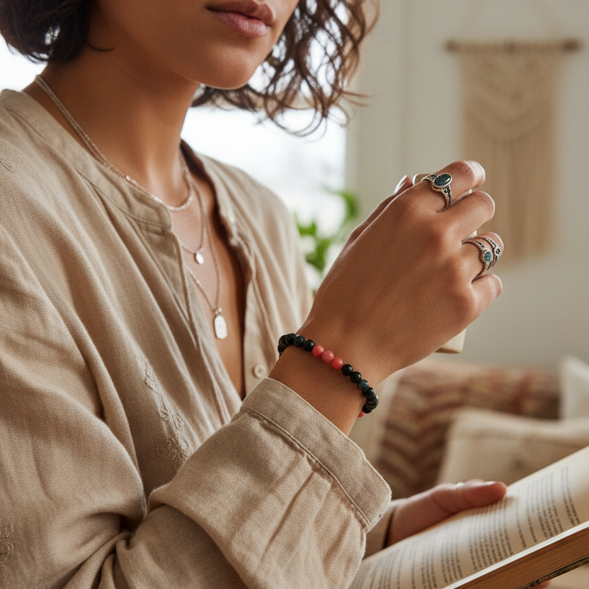 Red jade and moss agate beaded bracelet