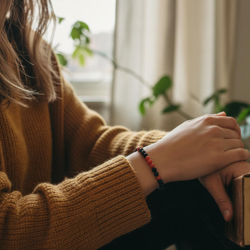 Red Jade and Moss Agate Beaded Bracelet