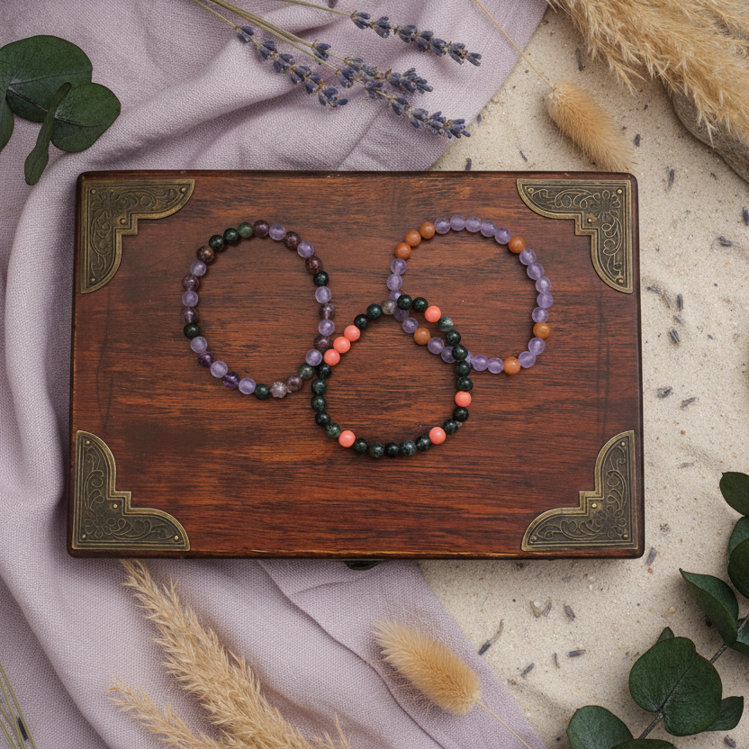 Red jade and moss agate beaded bracelet