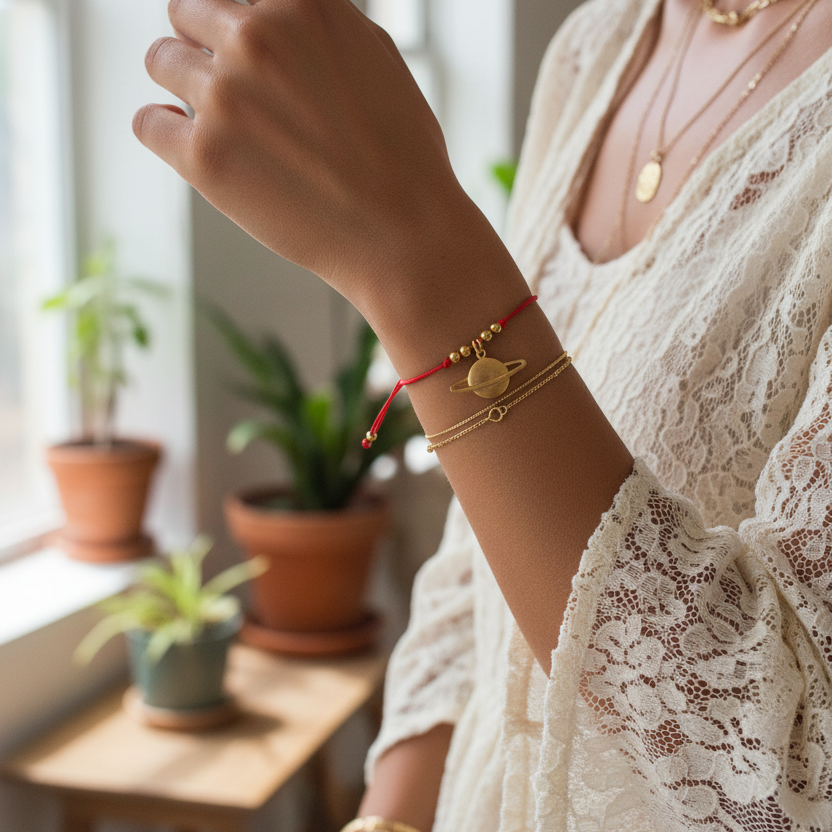 Red String Adjustable Bracelet with Gold Plated Charm Silver Chamber Jewellery Store