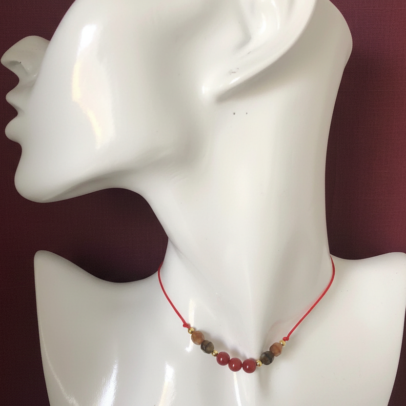 Red thread choker necklace with carnelian and agate