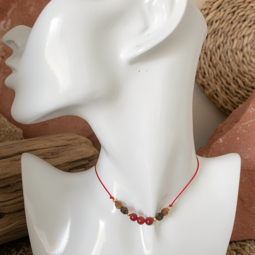 Red thread choker necklace with carnelian and agate