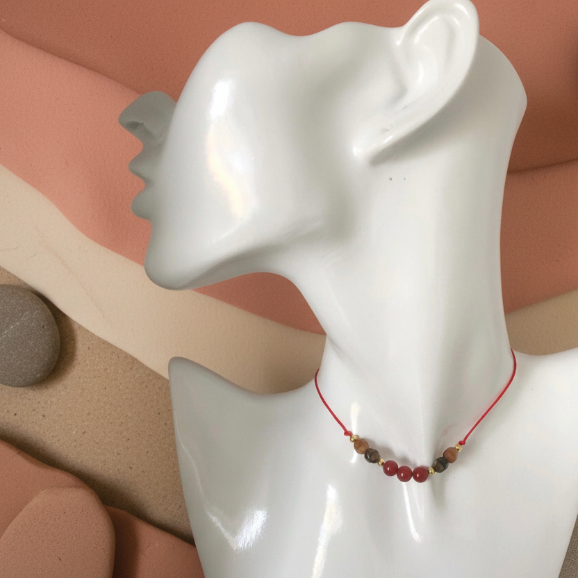Red thread choker necklace with carnelian and agate