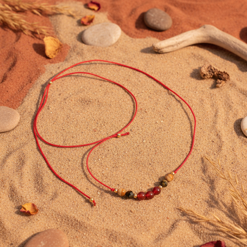 Red thread choker necklace with carnelian and agate