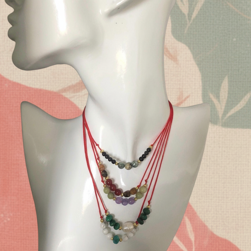 Red thread choker necklace with carnelian and agate